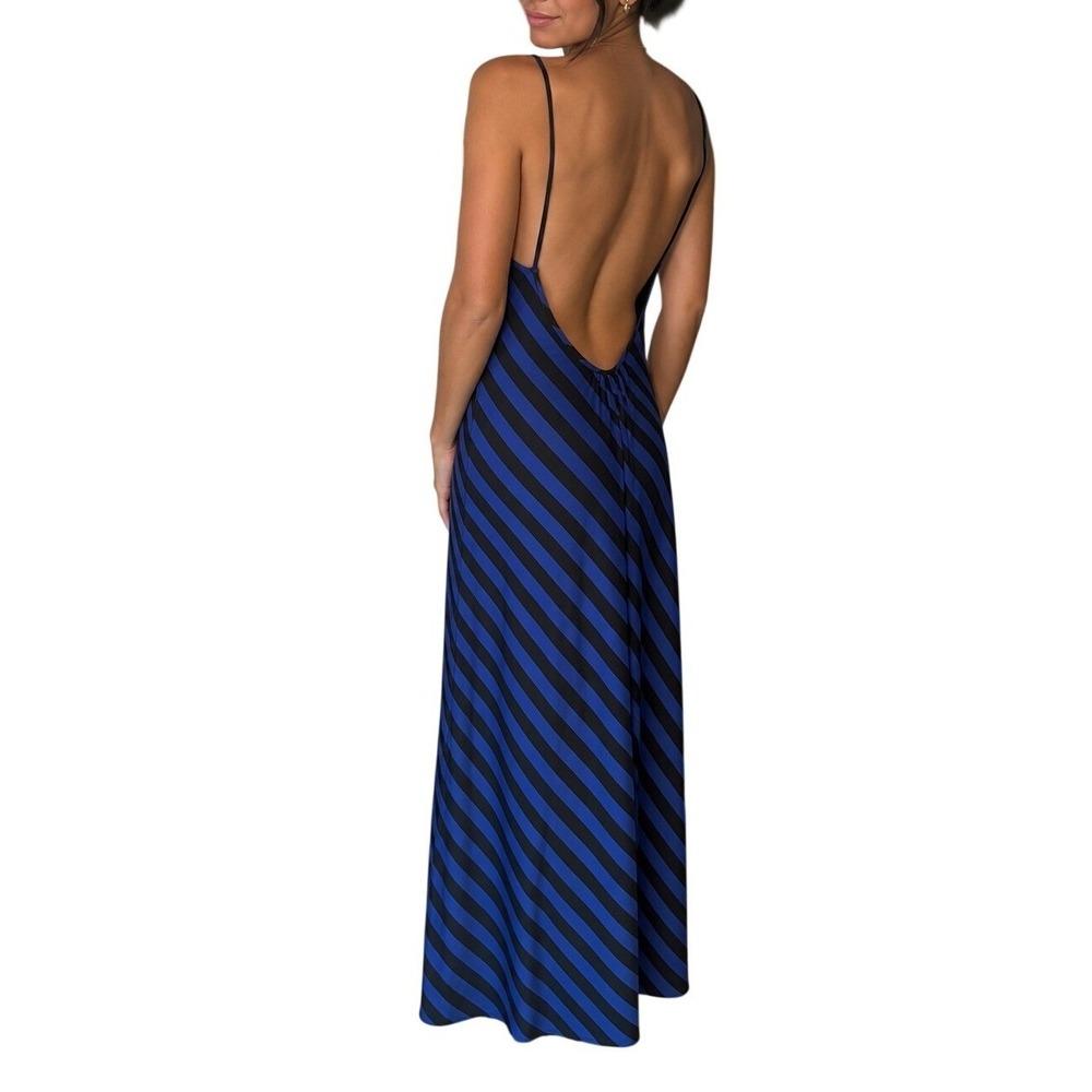 Y2K Paradise Maxi Dress M Blue Black Diagonal Stripe Low Open Back Scoop Neck